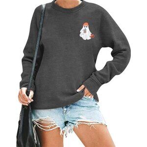 Women's Long Sleeve Halloween Sweatshirt, Cute Ghost Design Spooky Pullover